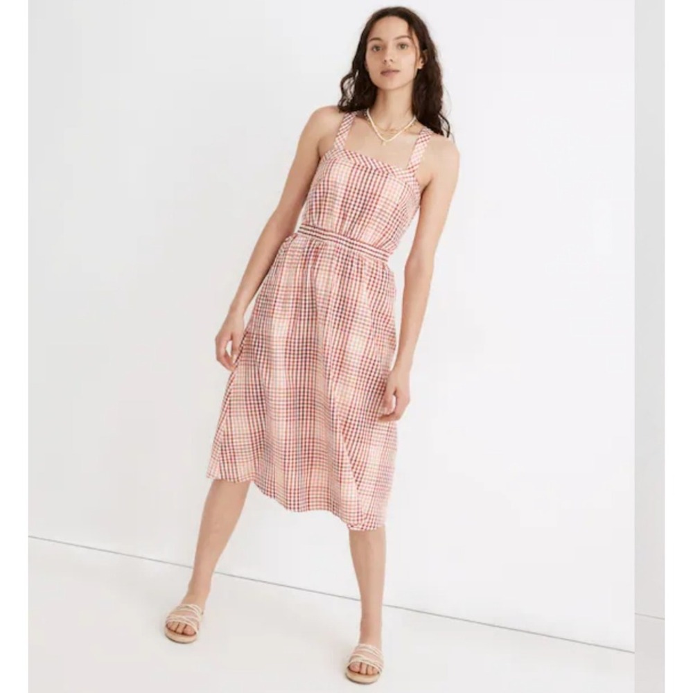 Madewell Gingham Midi Dress Red White Tan Square Neck Smocked Waist Size 8